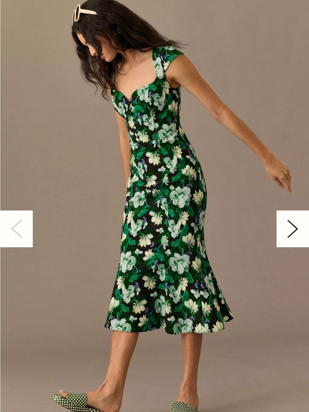Anthropologie Black Midi Dress with Green Floral Print